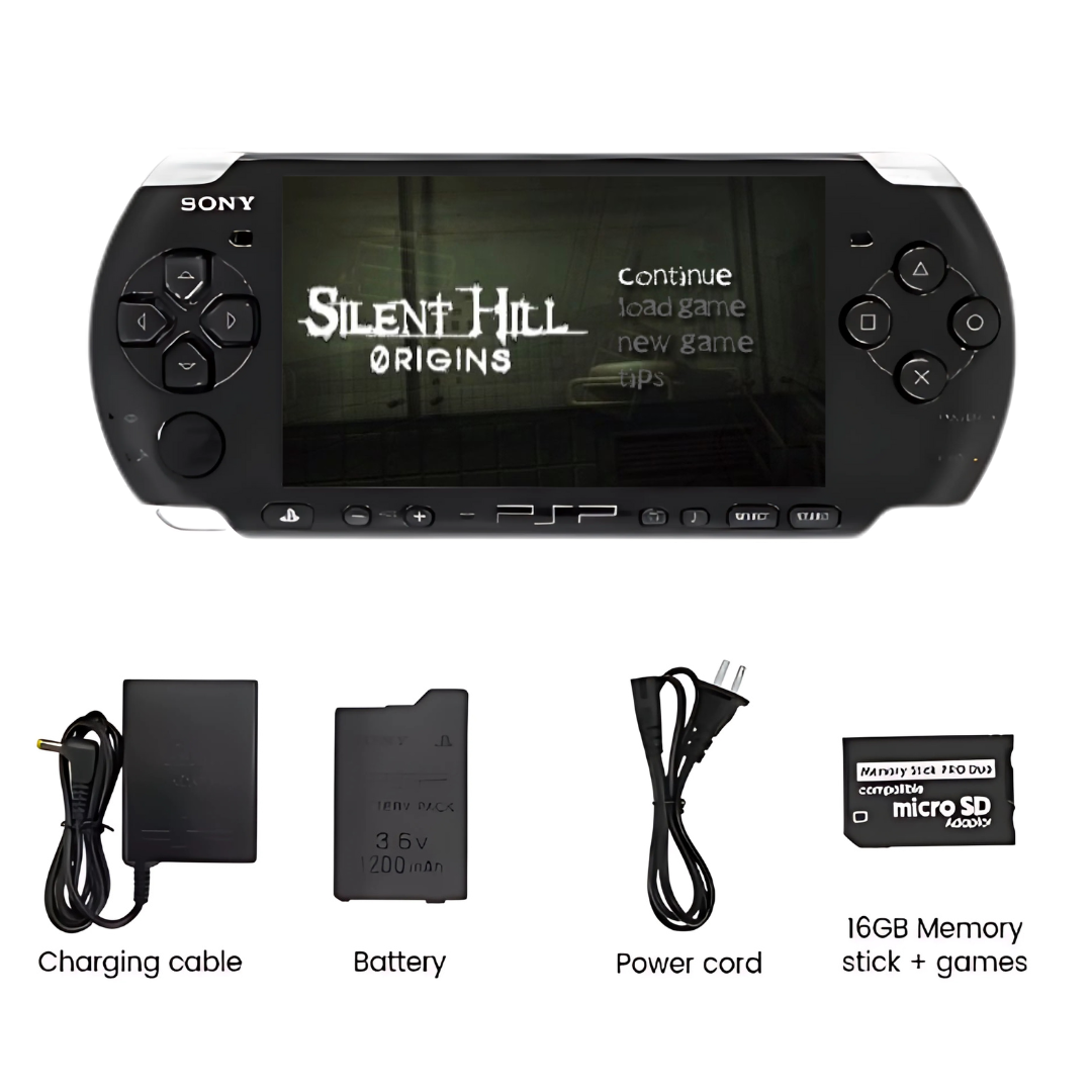 Black PSP 3000 with charger, battery, power cord and memory stick