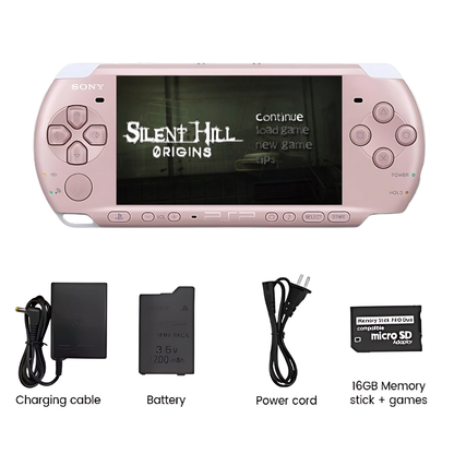 Pink PSP 3000 with charger, battery, power cord and memory stick